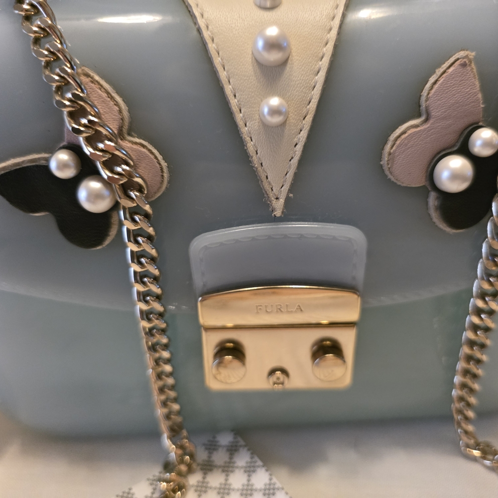 Furla Blue Mini Jelly Top-Handle Bag with Pearl Butterfly Detail - Picture 3 of 16